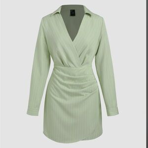 CIDER COLLAR STRIPED RUCHED MINI
SHIRT DRESS